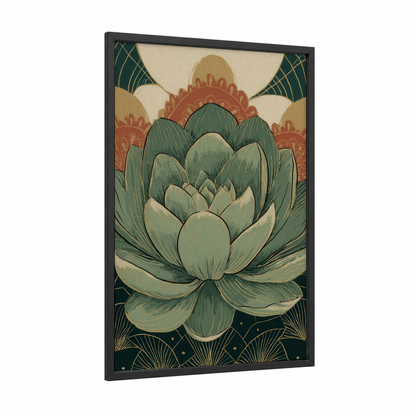Succulent Lotus framed art print — black wood frame — sage green and gold palette