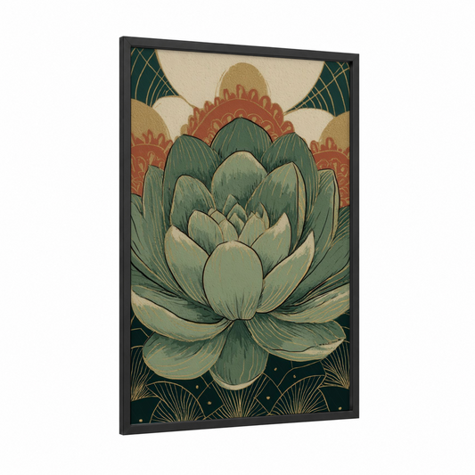 Succulent Lotus framed art print — black wood frame — sage green and gold palette