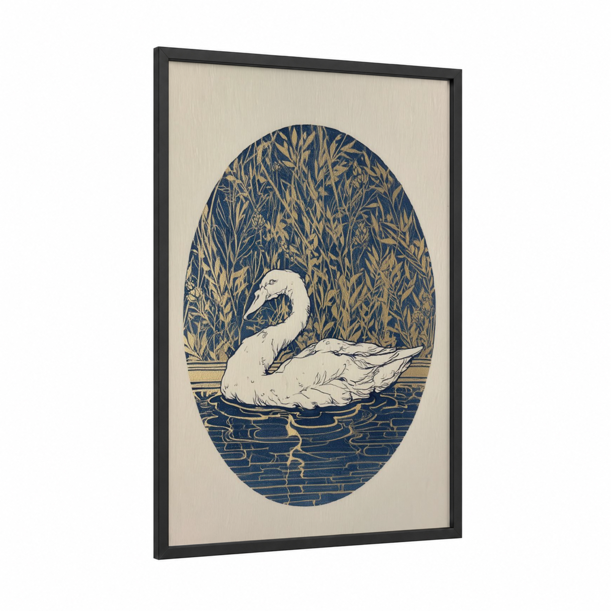 Serene Swan framed art print — black wood frame — dark blue and gold and white palette