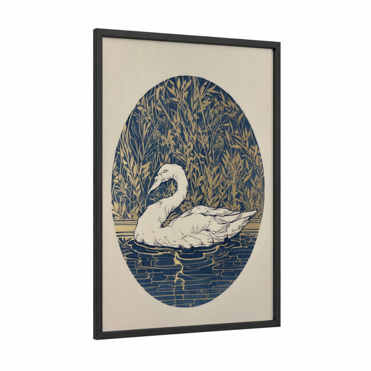 Serene Swan framed art print — black wood frame — dark blue and gold and white palette