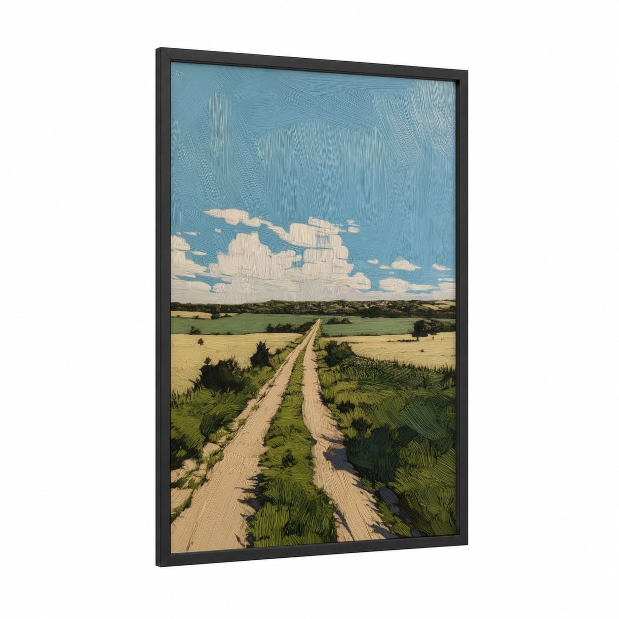 Rural Road Perspective framed various landscapes print — black wood frame — blue and green palette