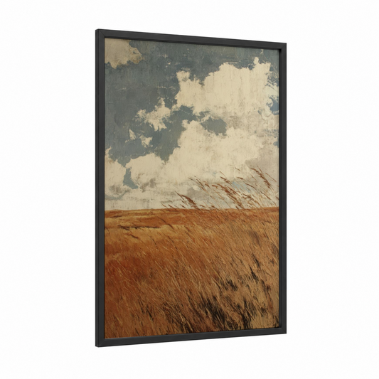 Autumn Wheat Field framed art print — black wood frame — russet and cream palette