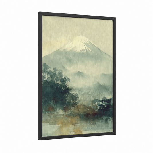 Misty Mount Fuji framed art print — black wood frame — sage green and cream palette