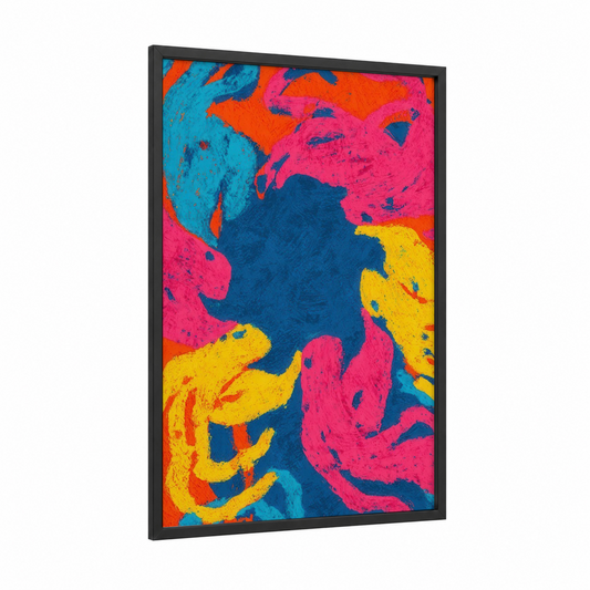 Neon Squid Explosion framed art print — black wood frame — magenta and blue palette