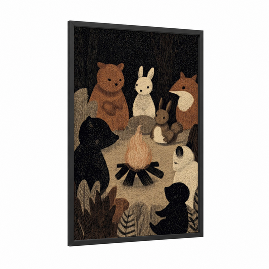 Woodland Campfire Gathering framed fairytale print — black wood frame — black and white and brown palette