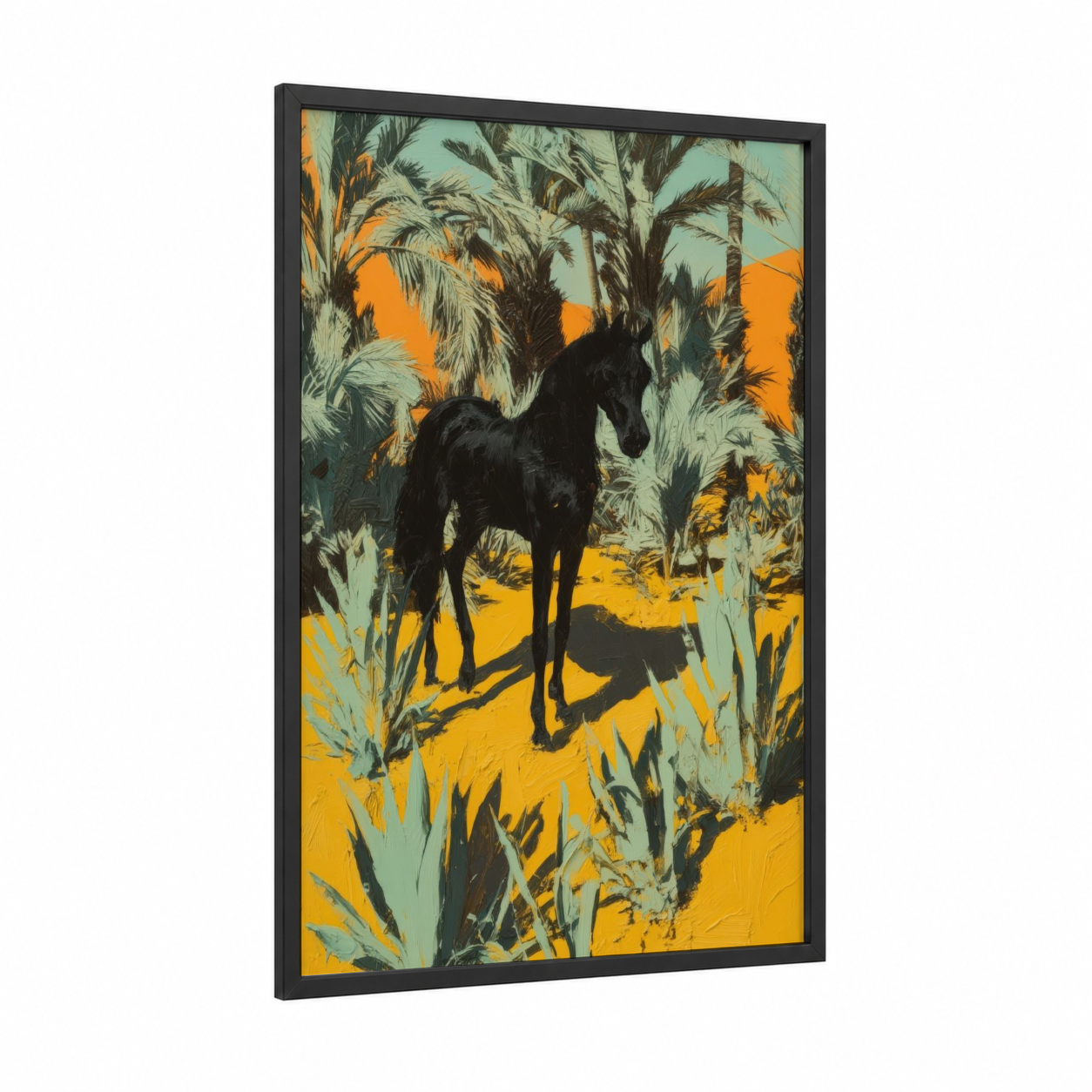 Desert Stallion framed arabian horse print — black wood frame — gold and light green palette