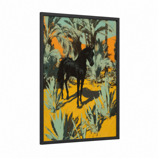 Desert Stallion framed arabian horse print — black wood frame — gold and light green palette