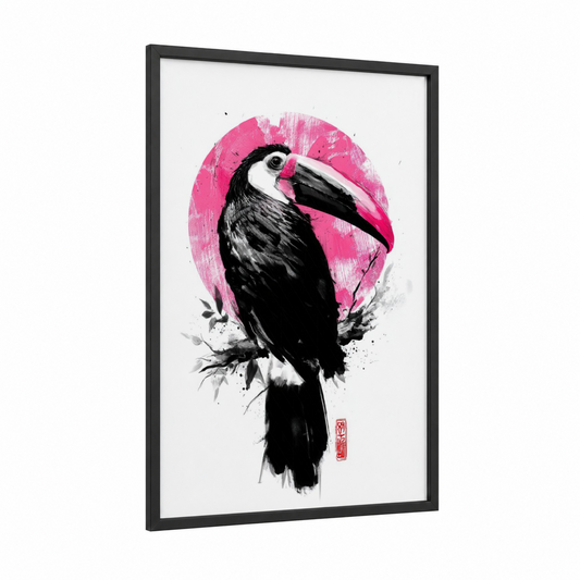 Pink Circle Toucan framed art print — black wood frame — black and white and magenta palette