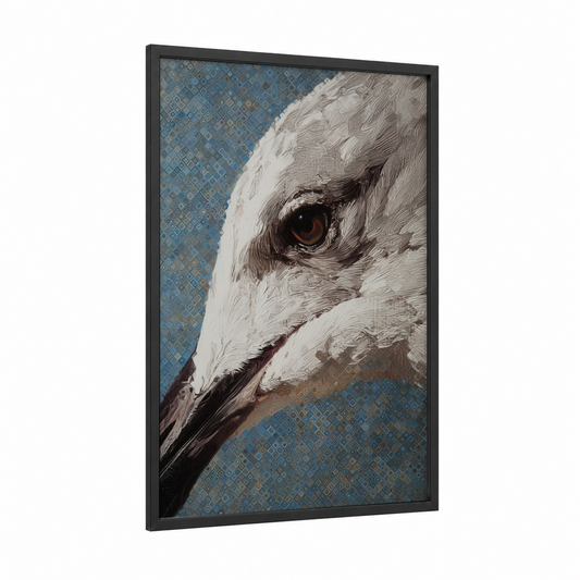 Coastal Seagull framed art print — black wood frame — blue and white palette