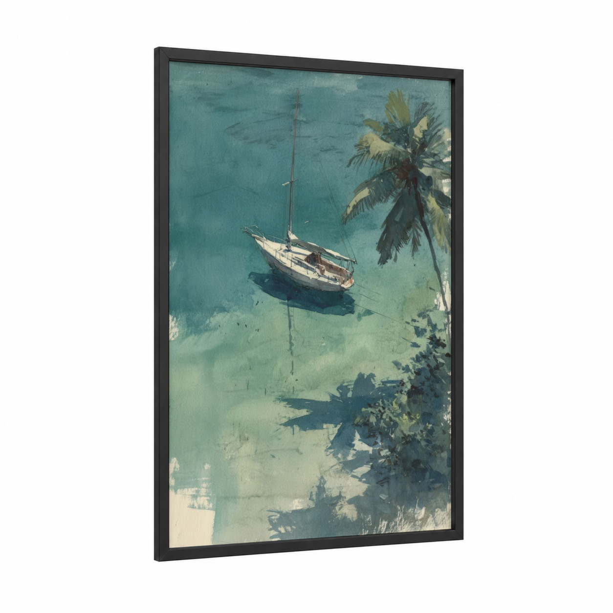 Tropical Mooring framed yacth print — black wood frame — teal and cream palette
