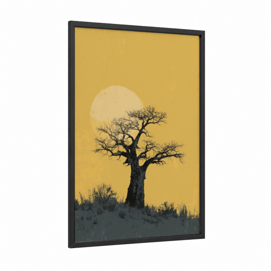 Golden Baobab framed baobab tree print — black wood frame — yellow gold and black palette