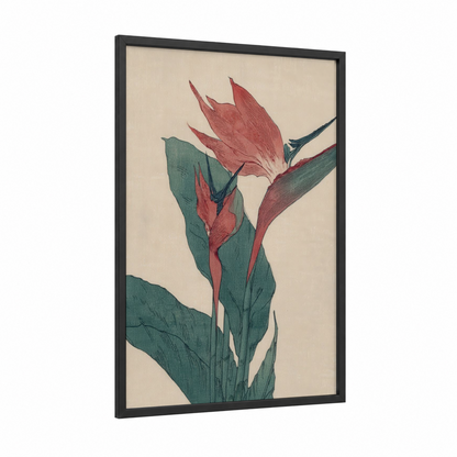 Crimson Paradise Bloom framed birds of paradise print — black wood frame — maroon and dark green palette