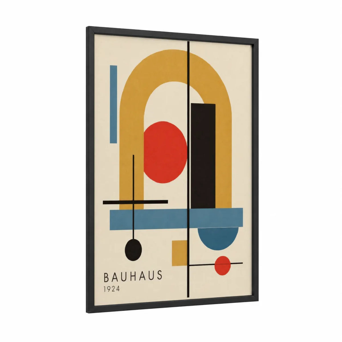 Bauhaus Geometric Abstract Wall Art framed abstract geometric print — black wood frame — mustard and red palette