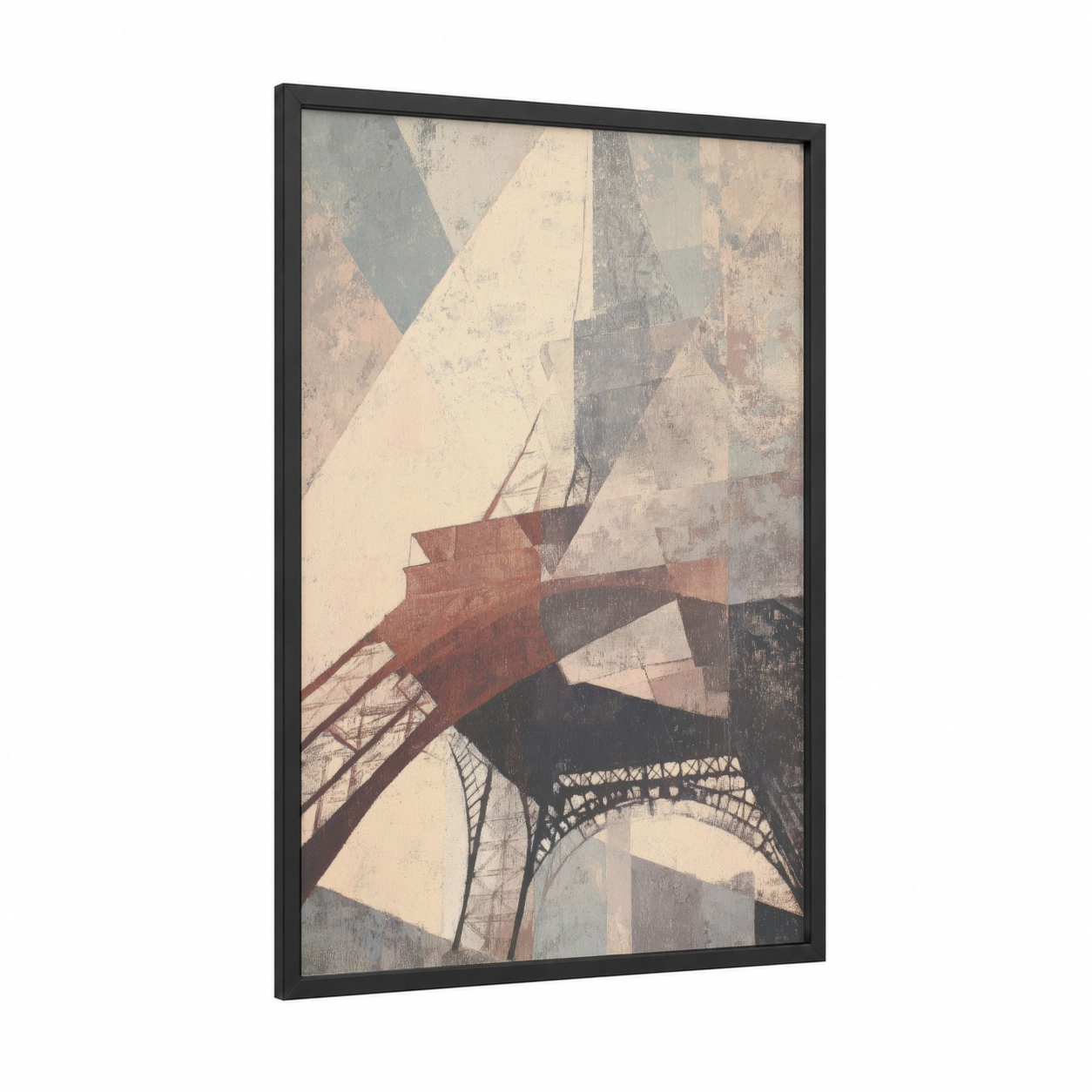 Parisian Abstraction framed eiffel tower print — black wood frame — cream and russet palette