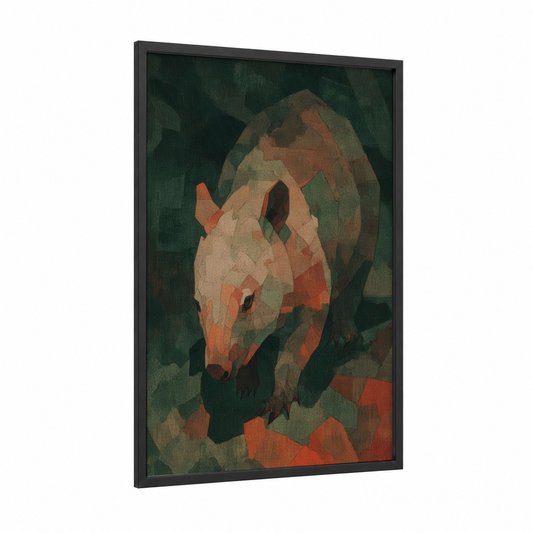 Geometric Wombat framed art print — black wood frame — dark green and russet palette
