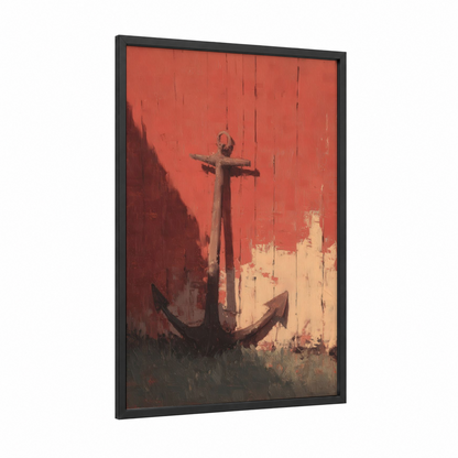 Anchor framed art print — black wood frame — red and cream palette