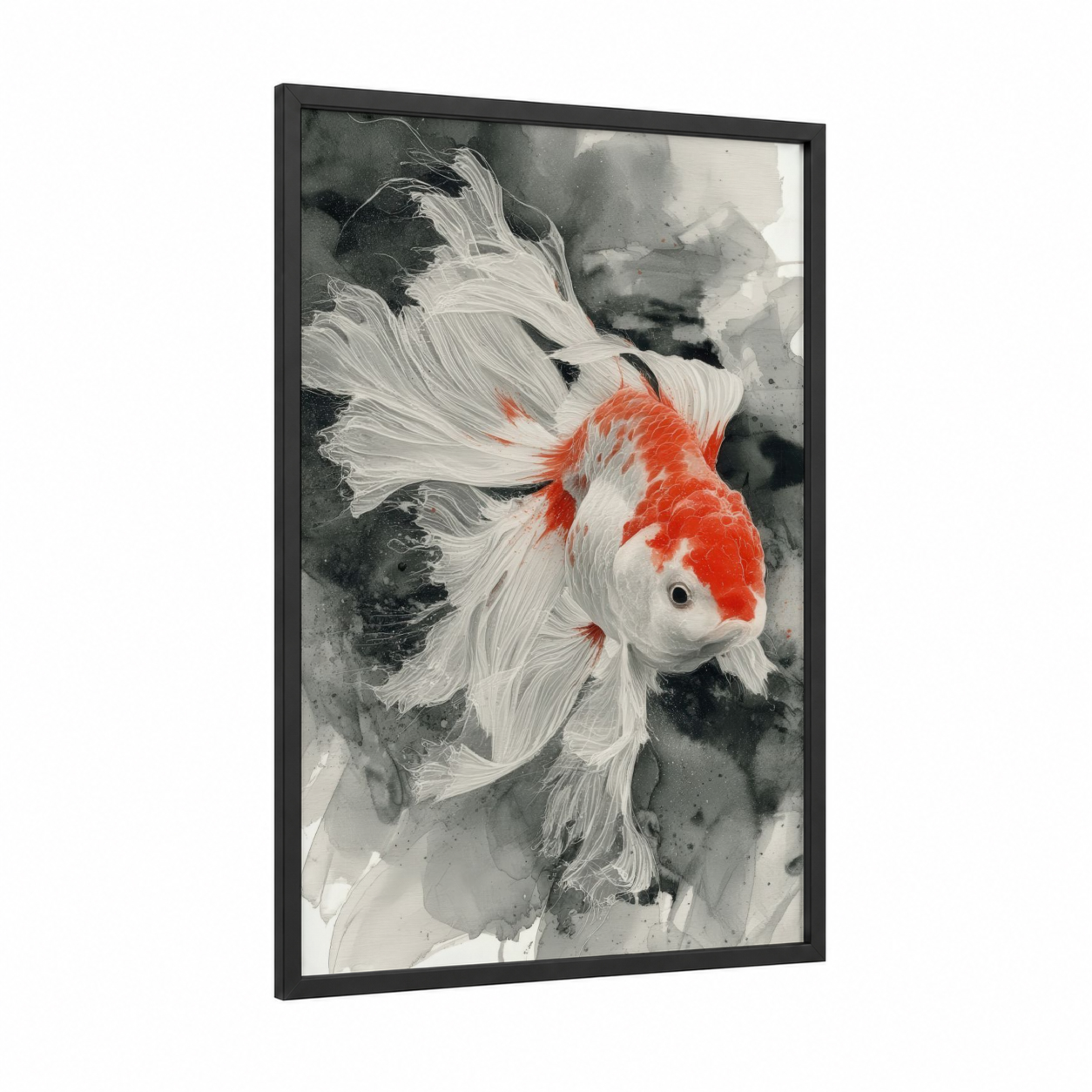 Red Fantail Goldfish framed art print — black wood frame — red and black and white palette