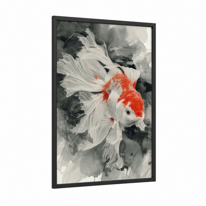 Red Fantail Goldfish framed art print — black wood frame — red and black and white palette