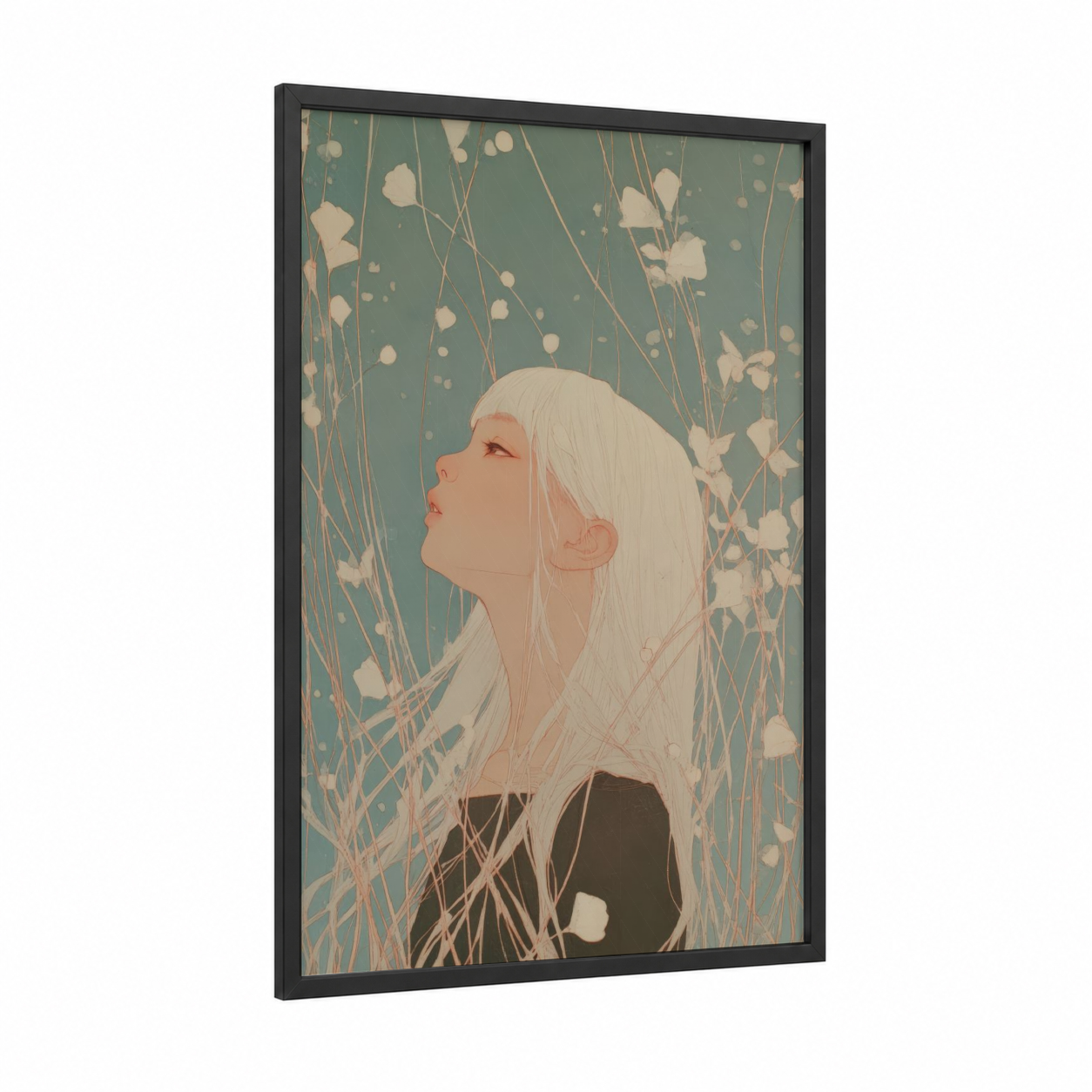 Platinum Reverie framed hair print — black wood frame — sage green and peach palette