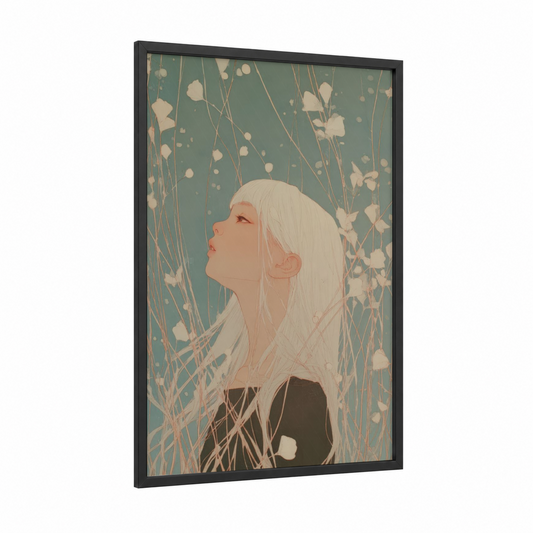 Platinum Reverie framed hair print — black wood frame — sage green and peach palette