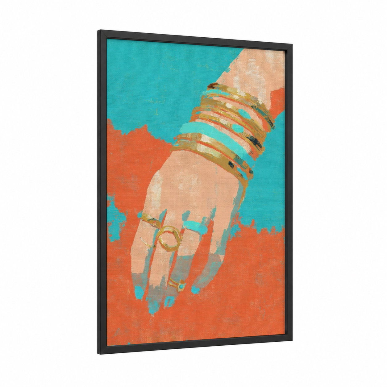 Golden Accessory Glam framed accessories print — black wood frame — turquoise and orange palette