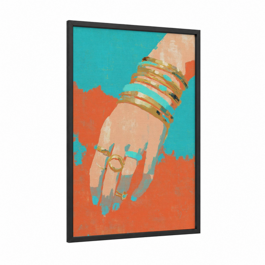 Golden Accessory Glam framed accessories print — black wood frame — turquoise and orange palette