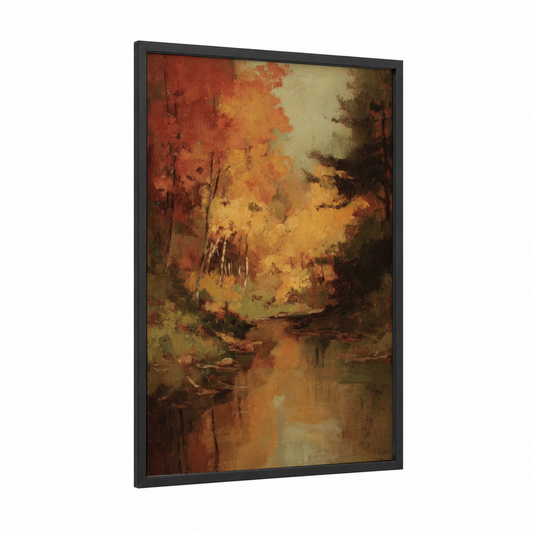 Autumn Maple Reflection framed maple forest print — black wood frame — russet and gold palette