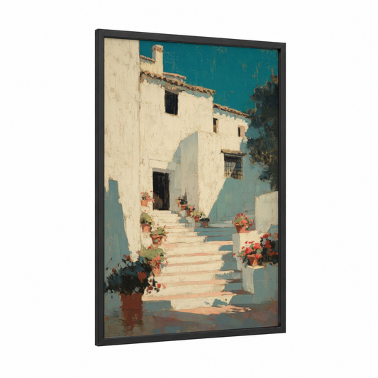 Mediterranean Courtyard framed masonry print — black wood frame — cream and teal palette
