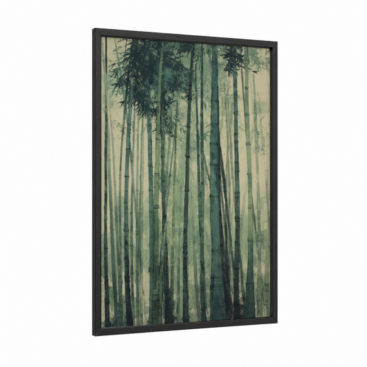 Misty Bamboo Forest framed forest trees print — black wood frame — green and cream palette