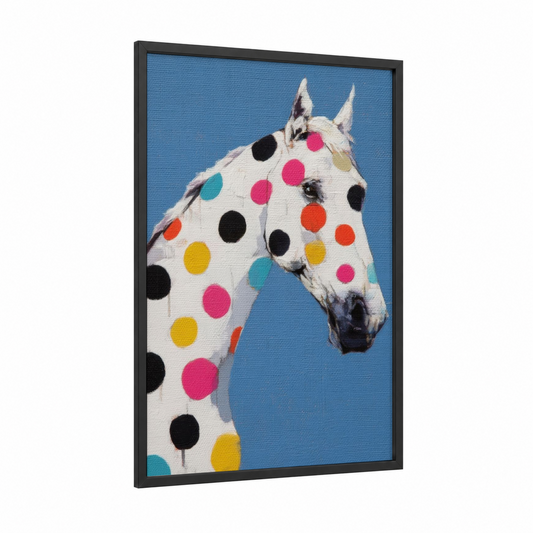 Polka Dot Thoroughbred framed thoroughbred horse print — black wood frame — blue and magenta palette