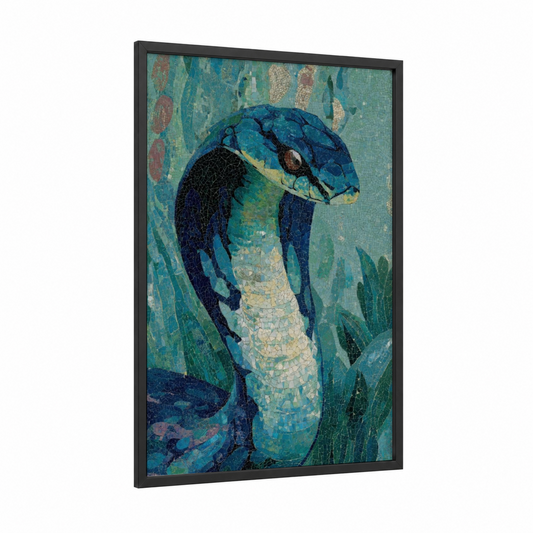 Turquoise Cobra framed art print — black wood frame — blue and teal palette