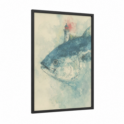 Lighthouse Tuna framed art print — black wood frame — blue and white and gold and pink palette