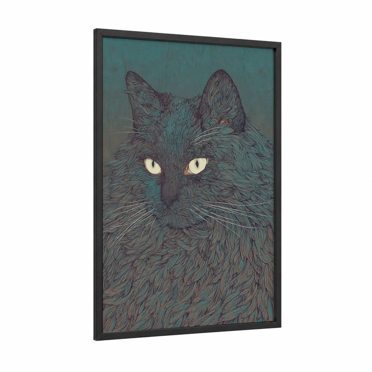 Emerald Stare Cat framed art print — black wood frame — teal and dove gray palette