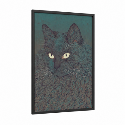 Emerald Stare Cat framed art print — black wood frame — teal and dove gray palette