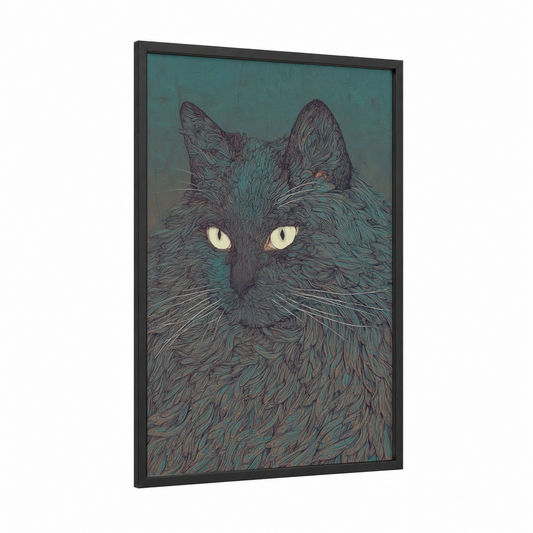 Emerald Stare Cat framed art print — black wood frame — teal and dove gray palette