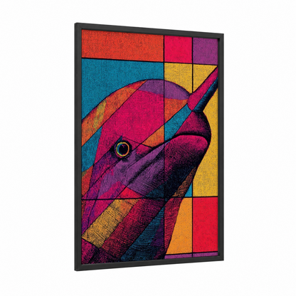 Colorful Narwhal framed art print — black wood frame — magenta and turquoise palette