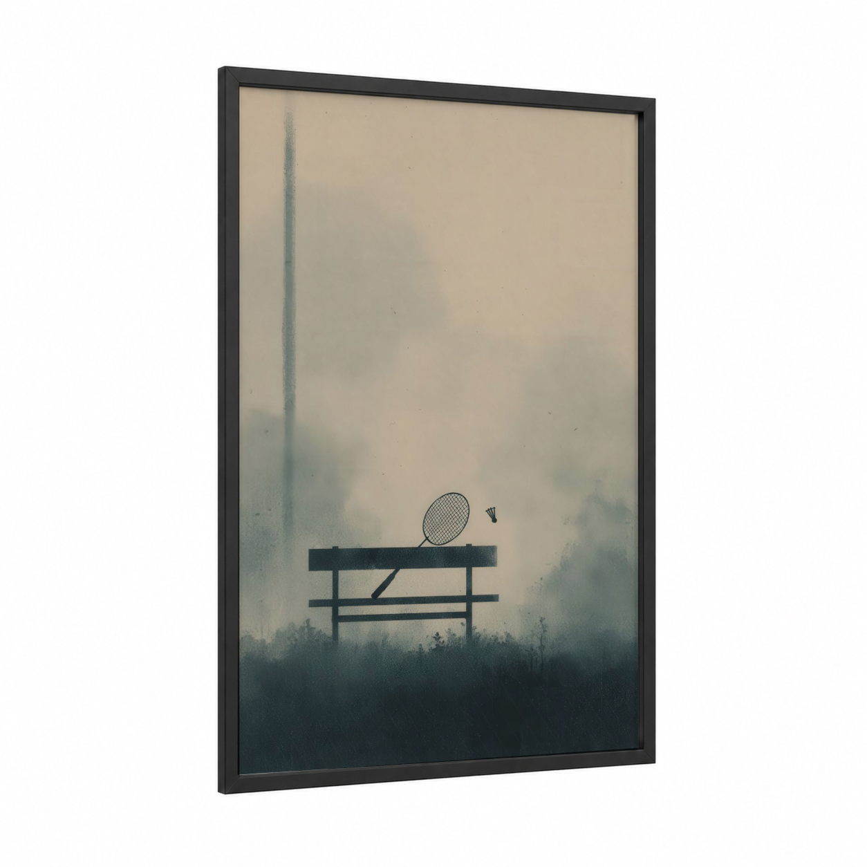 Misty Badminton framed art print — black wood frame — dove gray and teal palette