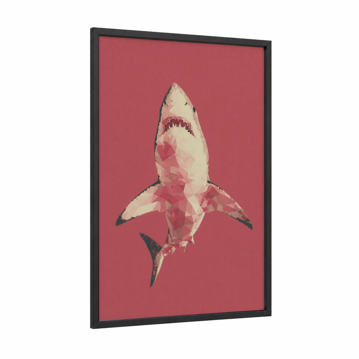 Crimson Shark framed great white shark print — black wood frame — pink and cream palette