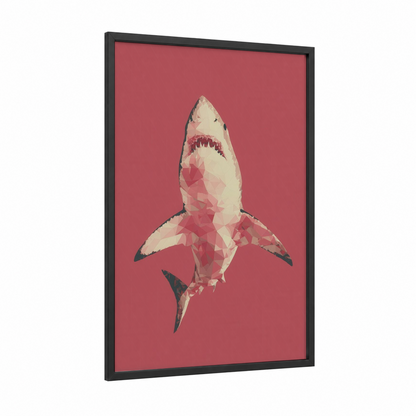 Crimson Shark framed great white shark print — black wood frame — pink and cream palette