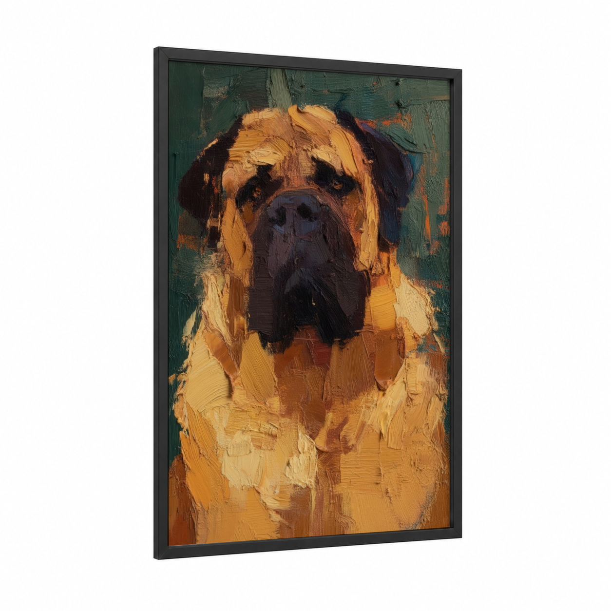 Golden Mastiff framed art print — black wood frame — gold and dark green palette
