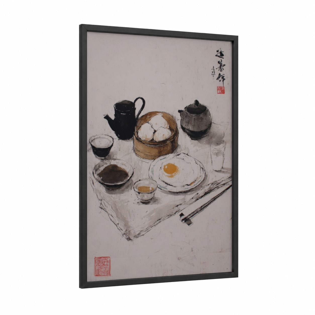 Asian Breakfast Setting framed art print — black wood frame — black and white and gray palette