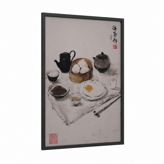 Asian Breakfast Setting framed art print — black wood frame — black and white and gray palette