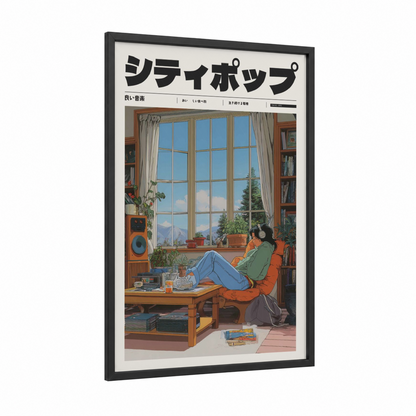 Cozy Window Lofi framed anime and manga print — black wood frame — blue and orange palette