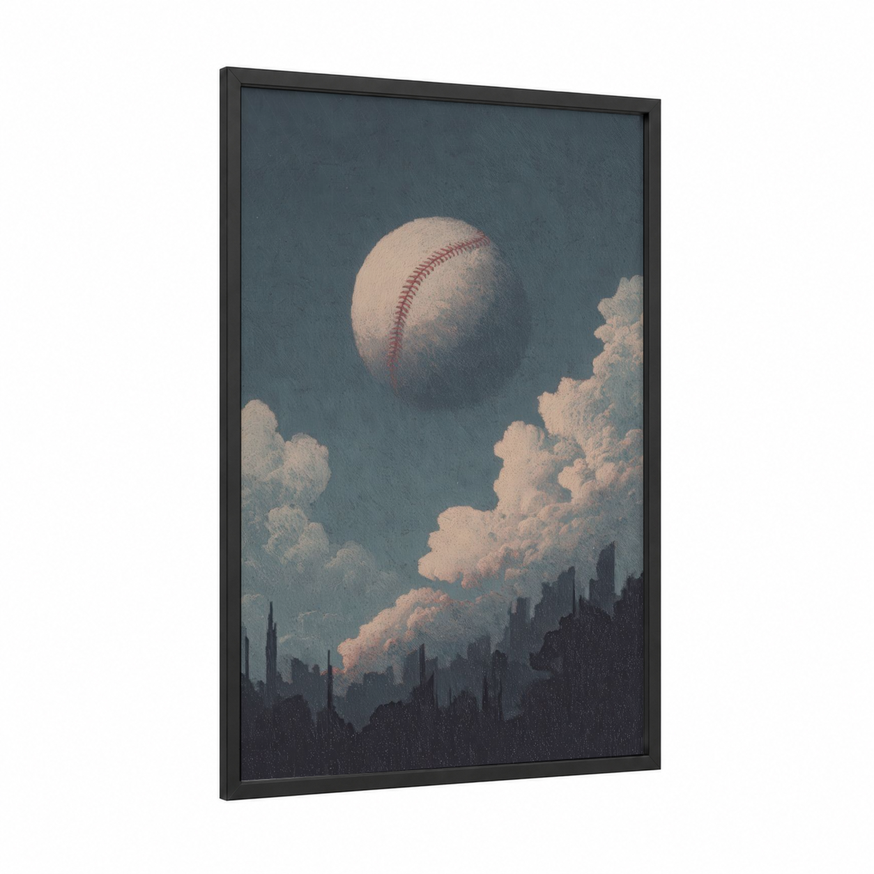 Skyward Baseball framed art print — black wood frame — teal and cream palette
