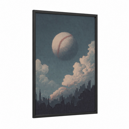 Skyward Baseball framed art print — black wood frame — teal and cream palette
