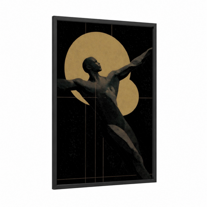 Golden Strength framed bodybuilding print — black wood frame — gold and black palette
