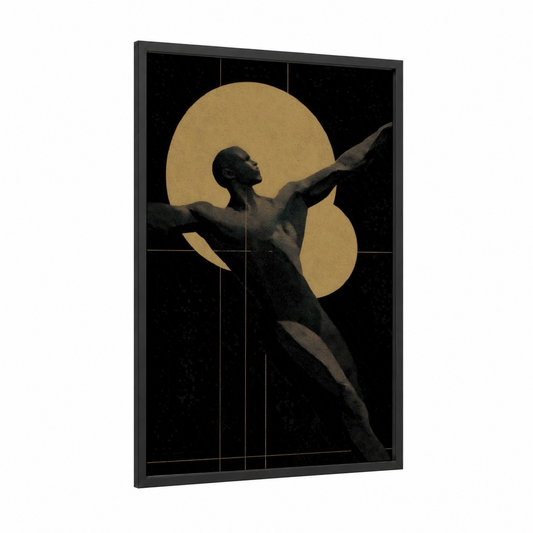 Golden Strength framed bodybuilding print — black wood frame — gold and black palette