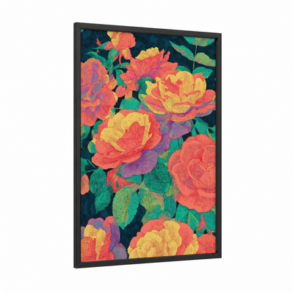 Vibrant Garden Roses framed art print — black wood frame — red and yellow gold palette