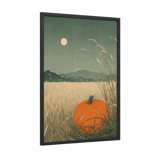 Harvest Moon Pumpkin framed vegetable print — black wood frame — sage green and gold palette