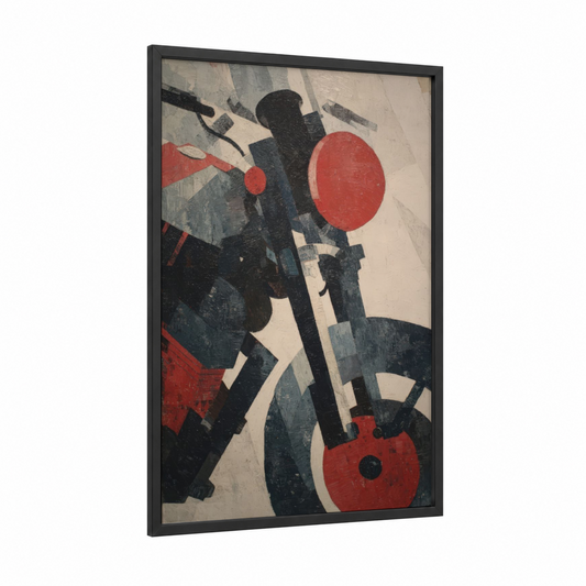 Crimson Motorcycle framed vintage motorcycle print — black wood frame — red and black and white palette